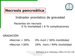 Necrosis pancreática
GRADACIÓN
•Necrosi < 30% 0% mort / 50% morbilidad
•Necrosi >30% 29% mort / 94% morbilidad
Indicador pronóstico de gravedad
Balthazar et al. Radiology 1990:174:331-336
Pacientes sin necrosis
0 % mortalidad / 6 % complicaciones
Balthazar EJ et al. Imaging and Intervention
in acute pancreatitis. Radiology
1994;193:297-306
 
