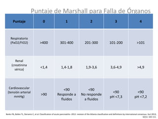 Puntaje de Marshall para Falla de Órganos
Banks PA, Bollen TL, Dervenis C, et al. Classification of acute pancreatitis--2012: revision of the Atlanta classification and definitions by international consensus. Gut 2013;
62(1): 102-111.
Puntaje 0 1 2 3 4
Respiratorio
(PaO2/FiO2) >400 301-400 201-300 101-200 >101
Renal
(creatinina
sérica)
<1,4 1,4-1,8 1,9-3,6 3,6-4,9 >4,9
Cardiovascular
(tensión arterial
mmHg)
>90
<90
Responde a
fluidos
<90
No responde
a fluidos
<90
pH <7,3
<90
pH <7,2
 