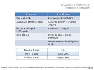 GRAVEDAD Y PRONOSTICO
CRITERIOS DE RANSON
Dellinger EP, Forsmark CE, Layer P, et al. Determinantbased classification of acute pancreatitis severity: an international multidisciplinary consultation. Ann Surg 2012; 256(6):
875-880.
Al Ingreso A las 48 horas
Edad > 55 (>70) Disminución del HCT>10%
Leucocitos > 16000 (>18000) Aumento del BUN > 5mg/dl (
2mg/dl)
Glucosa > 200mg/dl
(>220mg/dl)
Calcio sérico < 8mg/dl
LDH > 250 U/L Déficit de base > 4mEq/l
(>5mEq/l)
Secuestro estimado de líquidos
6L (4L).
Menor a 3 ptos. 1%.
De 3 – 5 ptos. 10% a 20%.
Mayor a 5 Ptos. Mayor a 50%.
 