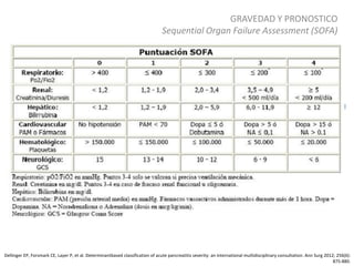 GRAVEDAD Y PRONOSTICO
Sequential Organ Failure Assessment (SOFA)
Dellinger EP, Forsmark CE, Layer P, et al. Determinantbased classification of acute pancreatitis severity: an international multidisciplinary consultation. Ann Surg 2012; 256(6):
875-880.
 