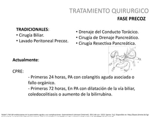 TRATAMIENTO QUIRURGICO
Rubel S. Rol del endoscopista en la pancreatitis aguda y sus complicaciones. Gastroenterol Latinoam [Internet]. 2011 abr-jun 22(2): [aprox. 3 p]. Disponible en: http://bases.bireme.br/cgi-
Actualmente:
CPRE:
- Primeras 24 horas, PA con colangitis aguda asociada o
fallo orgánico.
- Primeras 72 horas, En PA con dilatación de la vía biliar,
coledocolitiasis o aumento de la bilirrubina.
TRADICIONALES:
• Cirugía Biliar.
• Lavado Peritoneal Precoz.
• Drenaje del Conducto Torácico.
• Cirugía de Drenaje Pancreático.
• Cirugía Resectiva Pancreática.
FASE PRECOZ
 