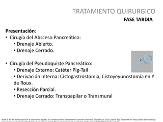 TRATAMIENTO QUIRURGICO
Rubel S. Rol del endoscopista en la pancreatitis aguda y sus complicaciones. Gastroenterol Latinoam [Internet]. 2011 abr-jun 22(2): [aprox. 3 p]. Disponible en: http://bases.bireme.br/cgi-
Presentación:
• Cirugía del Absceso Pancreático:
• Drenaje Abierto.
• Drenaje Cerrado.
• Cirugía del Pseudoquiste Pancreático:
• Drenaje Externo: Catéter Pig-Tail
• Derivación Interna: Cistogastrostomia, Cistoyeyunostomia en Y
de Roux.
• Resección Parcial.
• Drenaje Cerrado: Transpapilar o Transmural
FASE TARDIA
 