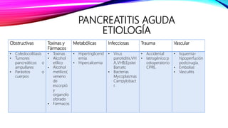 PANCREATITIS AGUDA
ETIOLOGÍA
Obstructivas Toxinas y
Fármacos
Metabólicas Infecciosas Trauma Vascular
• Coledocolitiasis
• Tumores
pancreáticos o
ampullares
• Parásitos o
cuerpos
• Toxinas
• Alcohol
etílico
• Alcohol
metílico(
veneno
de
escorpió
y
organofo
sforado
• Fármacos
• Hipertriglicerid
emia
• Hipercalcemia
• Virus
parotiditis,VH
A,VHB,Epstei
Barr,etc
• Bacterias
Mycoplasmas
Campylobact
r.
• Accidental
• Iatrogénico:p
ostoperatorio
CPRE.
• Isquemia-
hipoperfución
postcirugía.
• Embolias
• Vasculitis
 