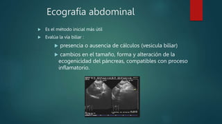 Ecografía abdominal
 Es el método inicial más útil
 Evalúa la vía biliar :
 presencia o ausencia de cálculos (vesicula biliar)
 cambios en el tamaño, forma y alteración de la
ecogenicidad del páncreas, compatibles con proceso
inflamatorio.
 