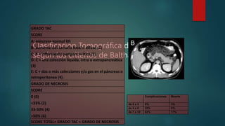 Clasificación Tomográfica de la gravedad
según los criterios de Balthazar:
GRADO TAC
SCORE
A: páncreas normal (0)
B: aumento del tamaño focal o difuso (1)
C: B + inflamación peripancreática (2)
D: C + una colección líquida, intra o extrapancreática
(3)
E: C + dos o más colecciones y/o gas en el páncreas o
retroperitoneo (4).
GRADO DE NECROSIS
SCORE
0 (0)
<33% (2)
33-50% (4)
>50% (6)
SCORE TOTAL= GRADO TAC + GRADO DE NECROSIS
Complicaciones Muerte
de 0 a 3 8% 3%
de 4 a 6 35% 6%
de 7 a 10 92% 17%
 