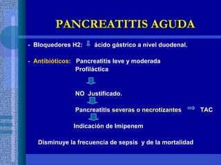 - Bloquedores H2: ácido gástrico a nivel duodenal.
- Antibióticos: Pancreatitis leve y moderada
Profiláctica
NO Justificado.
Pancreatitis severas o necrotizantes TAC
Indicación de Imipenem
Disminuye la frecuencia de sepsis y de la mortalidad
PANCREATITIS AGUDAPANCREATITIS AGUDA
 
