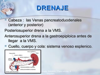 DRENAJEDRENAJE
 Cabeza :Cabeza : las Venas pancreatoduodenaleslas Venas pancreatoduodenales
(anterior y posterior)(anterior y posterior)
Posteriosuperior drena a la VMS.Posteriosuperior drena a la VMS.
Anterosuperior drena a la gastroepiploica antes deAnterosuperior drena a la gastroepiploica antes de
llegar a la VMS.llegar a la VMS.
 Cuello, cuerpo y cola: sistema venoso esplenico.Cuello, cuerpo y cola: sistema venoso esplenico.
Tratado de Cirugía. Sabiston. 17ava edición. II
Volumen.
 