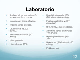 Laboratorio


Amilasa sérica aumentada 3x
por encima de lo normal.



Hiperbilirrubinemia 10%
(Bilirrubina sérica >4mg).



Isoamilasa y lipasa elevada.





Tripsina sérica elevada.

Fosfatasa alcalina y AST
elevadas.}



DHL >500U, mal pronóstico.



Albúmina sérica disminuída
10% (<3gr).



Hipertrigliceridemia (1520%).



Hipoxemia (PO2 arterial <60
mmHg).



EKG anormal.







Leucocitosis 15.000 –
20.000.

Hemoconcentración (HT
>44%).
Hiperglucemia.
Hipocalcemia 25%.

22

 
