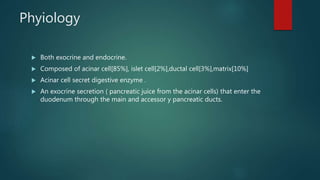 Phyiology
 Both exocrine and endocrine.
 Composed of acinar cell[85%], islet cell[2%],ductal cell[3%],matrix[10%]
 Acinar cell secret digestive enzyme .
 An exocrine secretion ( pancreatic juice from the acinar cells) that enter the
duodenum through the main and accessor y pancreatic ducts.
 