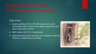 Endoscopic Retrograde
Cholangiopancreatography
INDICATION
 Severe gallstone AP or AP with concurrent acute
cholangitis/biliary obstruction/ biliary sepsis/jaundice
(due to persistent stone)
 ERCP within 24(-72) h of admission
 Sphincterotomy/stent and bile duct clearance reduces
infective complications/mortality
 