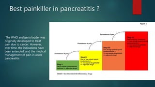 Best painkiller in pancreatitis ?
The WHO analgesia ladder was
originally developed to treat
pain due to cancer. However,
over time, the indications have
been extended, and the medical
management of pain in acute
pancreatitis
 
