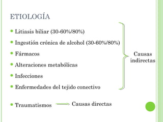ETIOLOGÍA 
Litiasis biliar (30-60%/80%) 
Ingestión crónica de alcohol (30-60%/80%) 
Fármacos 
Alteraciones metabólicas 
Infecciones 
Enfermedades del tejido conectivo 
Traumatismos 
Causas 
indirectas 
Causas directas 
 