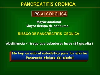 PANCREATITIS CRONICA
PC ALCOHOLICA
PC ALCOHOLICA
Mayor cantidad
Mayor tiempo de consumo
↓
RIESGO DE PANCREATITIS CRONICA
Abstinencia < riesgo que bebedores leves (20 grs./día )
No hay un umbral estadístico para los efectos
Pancreato-tóxicos del alcohol

 