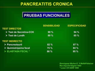 PANCREATITIS CRONICA
PRUEBAS FUNCIONALES
PRUEBAS FUNCIONALES
SENSIBILIDAD
TEST DIRECTOS
 Test de Secretina-CCK
 Test de Lundh
TEST INDIRECTO
 Pancreolauril
 Quimiotripsina fecal
 ELASTASA FECAL *

ESPECIFICIDAD

90 %
80 %

94 %
85 %

82 %
75 %
86 %

87 %
84 %
95 %

Domínguez Muñoz E. Y MalfePrtheiner
Rev Esp Enf Digest 1993
* Loser CH DDW 1996

 