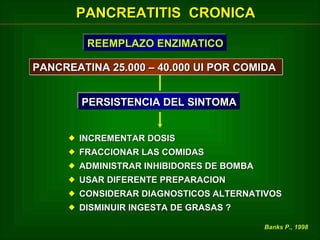 PANCREATITIS CRONICA
REEMPLAZO ENZIMATICO
REEMPLAZO ENZIMATICO
PANCREATINA 25.000 – 40.000 UI POR COMIDA
PERSISTENCIA DEL SINTOMA
PERSISTENCIA DEL SINTOMA
 INCREMENTAR DOSIS
 FRACCIONAR LAS COMIDAS
 ADMINISTRAR INHIBIDORES DE BOMBA
 USAR DIFERENTE PREPARACION
 CONSIDERAR DIAGNOSTICOS ALTERNATIVOS
 DISMINUIR INGESTA DE GRASAS ?
Banks P., 1998

 