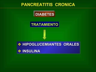 PANCREATITIS CRONICA
DIABETES
DIABETES
TRATAMIENTO

 HIPOGLUCEMIANTES ORALES
 INSULINA

 