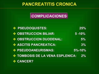 PANCREATITIS CRONICA
COMPLICACIONES
COMPLICACIONES
 PSEUDOQUISTES:
 OBSTRUCCION BILIAR:

25%
5 -10%

 OBSTRUCCION DUODENAL:

5%

 ASCITIS PANCREATICA:

3%

 PSEUDOANEURISMAS:

5%-10%

 TOMBOSIS DE LA VENA ESPLENICA:
 CANCER?

2%

 
