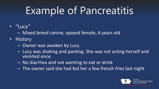 Example of Pancreatitis
• “Lucy”
– Mixed breed canine, spayed female, 6 years old
• History
– Owner was awoken by Lucy
– Lucy was shaking and panting. She was not acting herself and
vomited once
– No diarrhea and not wanting to eat or drink
– The owner said she had fed her a few french fries last night
 