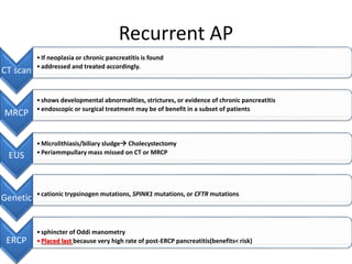 Recurrent AP
CT scan
•If neoplasia or chronic pancreatitis is found
•addressed and treated accordingly.
MRCP
•shows developmental abnormalities, strictures, or evidence of chronic pancreatitis
•endoscopic or surgical treatment may be of benefit in a subset of patients
EUS
•Microlithiasis/biliary sludge Cholecystectomy
•Periammpullary mass missed on CT or MRCP
Genetic •cationic trypsinogen mutations, SPINK1 mutations, or CFTR mutations
ERCP
•sphincter of Oddi manometry
•Placed last because very high rate of post-ERCP pancreatitis(benefits< risk)
 