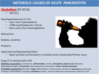 METABOLIC CAUSES OF ACUTE PANCREATITIS
Alcoholism (25-35 %)
• M:F=6:1
Hyperlipoproteinemia (1-4 %)
• Type I and V hyperlipidemia
• >1000 mg/dL(diagnostic criteria)
• More severe than alcohol/gallstone
Malnutrition
Diabetes, Azotemia
Porphyria
Hypercalcemia/hyperparathyroidism
• Hyper secretion and formation of calcified stones intraductallyAcinar injury
Drugs (2 % cases)(usually mild)
Definite association ( azathioprine, sulfonamaides, sulindac, tetracycline, valproic acid, Didanosine,
Methyldopa,estrogens, furosemide, 6-Mercaptopurine, pentamidine, 5-ASA, steriods,octreotide)
Probable association (thiazides, Flagyl, Methandienone, Nitrofurantoin, phenformin,piroxicam,procainamide,
Colaspase, chlorthalidone, asparagine,cimetidine,cisplatin, cytosine arabinoside, diphenoxylate, ethacrynic acid)
 