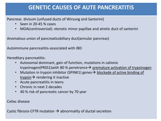 GENETIC CAUSES OF AUTE PANCREATITIS
Pancreas divisum (unfused ducts of Wirsung and Santorini)
• Seen in 20-45 % cases
• MOA(controversial): stenotic minor papillae and atretic duct of santorini
Anomalous union of pancreaticobiliary duct(annular pancreas)
Autoimmune pancreatitis-associated with IBD
Hereditary pancreatitis-
• Autosomal dominant, gain of function, mutations in cationic
trypsinogen(PRSS1)with 80 % penetrance premature activation of trypsinogen
• Mutation in trypsin inhibitor (SPINK1) genes blockade of active binding of
trypsin rendering it inactive
• Acute pancreatitis in teens
• Chronic in next 2 decades
• 40 % risk of pancreatic cancer by 70 year
Celiac disease
Cystic fibrosis-CFTR mutation  abnormality of ductal secretion
 