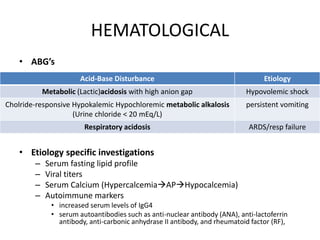 HEMATOLOGICAL
• ABG’s
• Etiology specific investigations
– Serum fasting lipid profile
– Viral titers
– Serum Calcium (HypercalcemiaAPHypocalcemia)
– Autoimmune markers
• increased serum levels of IgG4
• serum autoantibodies such as anti-nuclear antibody (ANA), anti-lactoferrin
antibody, anti-carbonic anhydrase II antibody, and rheumatoid factor (RF),
Acid-Base Disturbance Etiology
Metabolic (Lactic)acidosis with high anion gap Hypovolemic shock
Cholride-responsive Hypokalemic Hypochloremic metabolic alkalosis
(Urine chloride < 20 mEq/L)
persistent vomiting
Respiratory acidosis ARDS/resp failure
 