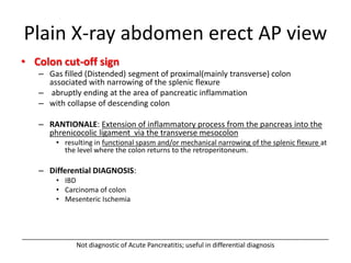 Plain X-ray abdomen erect AP view
• Colon cut-off sign
– Gas filled (Distended) segment of proximal(mainly transverse) colon
associated with narrowing of the splenic flexure
– abruptly ending at the area of pancreatic inflammation
– with collapse of descending colon
– RANTIONALE: Extension of inflammatory process from the pancreas into the
phrenicocolic ligament via the transverse mesocolon
• resulting in functional spasm and/or mechanical narrowing of the splenic flexure at
the level where the colon returns to the retroperitoneum.
– Differential DIAGNOSIS:
• IBD
• Carcinoma of colon
• Mesenteric Ischemia
____________________________________________________________________________________
Not diagnostic of Acute Pancreatitis; useful in differential diagnosis
 