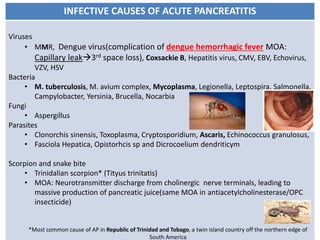 INFECTIVE CAUSES OF ACUTE PANCREATITIS
Viruses
• MMR, Dengue virus(complication of dengue hemorrhagic fever MOA:
Capillary...