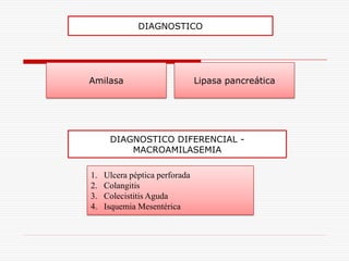 DIAGNOSTICO




Amilasa                         Lipasa pancreática




      DIAGNOSTICO DIFERENCIAL -
          MACROAMILASEMIA

1.   Ulcera péptica perforada
2.   Colangitis
3.   Colecistitis Aguda
4.   Isquemia Mesentérica
 