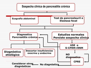 Sospecha clínica de pancreatitis crónica


     Ecografía abdominal                    Test de pancreolauril o
                                                 Elastasa fecal




        Diagnostico                            Estudios normales
     Pancreatitis crónica                   Persiste sospecha clínica

                                                        USE o
                                                     S-CPRM+RNM
                 Descartar insuficiencias
Diagnóstico       exocrina y endocrina
 etiológico                                          NO
                                                     diagnostico
                                                           CPRE
     Considerar otros        No diagnóstica
       diagnósticos
 