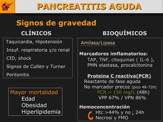 PANCREATITIS AGUDA Signos de gravedad CLÍNICOS   BIOQUÍMICOS Taquicardia, Hipotensión Insuf. respiratoria y/o renal CID, shock Signos de Cullen y Turner Peritonitis Amilasa/Lipasa M arcadores imflamatorios:   TAP, TNF, citoquinas ( IL-6  ), PMN elastasa, procalcitonina Proteina C reactiva(PCR) Reactante de fase aguda No marcador precoz  (pico 48-72h)   PCR > 150 mg/L  (48h)  VPP 67% / VPN 86% Hemoconcentración Htc >44% y no  24h Necrosi y FMO Mayor mortalidad Edad Obesidad Hiperlipidemia 