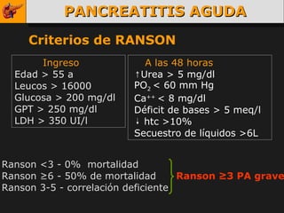 PANCREATITIS AGUDA Criterios de RANSON Ingreso Edad > 55 a Leucos > 16000 Glucosa > 200 mg/dl GPT > 250 mg/dl LDH > 350 UI/l A las 48 horas ↑ Urea > 5 mg/dl PO 2  < 60 mm Hg Ca ++  < 8 mg/dl Déficit de bases > 5 meq/l htc >10% Secuestro de líquidos >6L Ranson <3 - 0%  mortalidad Ranson ≥6 - 50% de mortalidad Ranson 3-5 - correlación deficiente Ranson ≥3 PA grave 