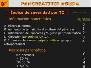 PANCREATITIS AGUDA Índice de severidad por TC Inflamación pancreática A  Páncreas normal B  Aumento de tamaño focal o difuso del páncreas. C  Inflamación del páncreas y/o grasa peri/pancreática D  Colección  pancreática  ÚNICA. E  2 o más colecciones  peripancreáticas  y/o gas  retroperitoneal Puntos 0 1 2 3 4 Necrosis pancreática No necrosis < 30 %  30-50 % > 50 % 0 2 4 6 Balthazar  1994 