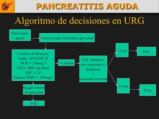 Algoritmo de decisiones en URG Pancreatitis aguda Criterios para estratificar gravedad Criterios de Ranson,  Imrie, APACHE II PCR > 150mg/l ECO ABD (liq libre) IMC > 30 Elastasa PMN > 250mg/l Ningún criterio de gravedad PAL >1 criterio TAC dinámica  con contraste iv: Balthazar + extensión necrosis PANCREATITIS AGUDA <3 pts >4 pts PAL PAG 