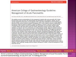 Fuente: Base: The American Journal Of Gastroenterology Tipo Estudio: Nivel evidencia: Grado de R:
Tenner S. American College of Gastroenterology Guideline: Management of Acute Pancreatitis The American
Journal Of Gastroenterology, 30 July 2013; doi: 10.1038/ajg.2013.218
 