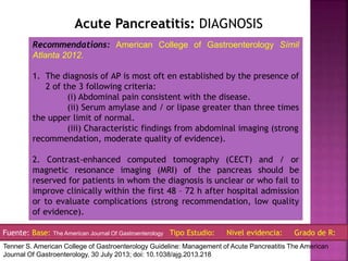 Fuente: Base: The American Journal Of Gastroenterology Tipo Estudio: Nivel evidencia: Grado de R:
Tenner S. American College of Gastroenterology Guideline: Management of Acute Pancreatitis The American
Journal Of Gastroenterology, 30 July 2013; doi: 10.1038/ajg.2013.218
Recommendations: American College of Gastroenterology Símil
Atlanta 2012.
1. The diagnosis of AP is most oft en established by the presence of
2 of the 3 following criteria:
(i) Abdominal pain consistent with the disease.
(ii) Serum amylase and / or lipase greater than three times
the upper limit of normal.
(iii) Characteristic findings from abdominal imaging (strong
recommendation, moderate quality of evidence).
2. Contrast-enhanced computed tomography (CECT) and / or
magnetic resonance imaging (MRI) of the pancreas should be
reserved for patients in whom the diagnosis is unclear or who fail to
improve clinically within the first 48 – 72 h after hospital admission
or to evaluate complications (strong recommendation, low quality
of evidence).
Acute Pancreatitis: DIAGNOSIS
 