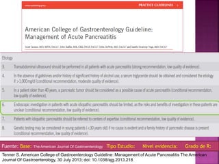 Fuente: Base: The American Journal Of Gastroenterology Tipo Estudio: Nivel evidencia: Grado de R:
Tenner S. American College of Gastroenterology Guideline: Management of Acute Pancreatitis The American
Journal Of Gastroenterology, 30 July 2013; doi: 10.1038/ajg.2013.218
 