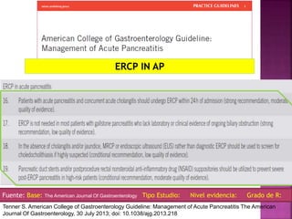 Fuente: Base: The American Journal Of Gastroenterology Tipo Estudio: Nivel evidencia: Grado de R:
Tenner S. American College of Gastroenterology Guideline: Management of Acute Pancreatitis The American
Journal Of Gastroenterology, 30 July 2013; doi: 10.1038/ajg.2013.218
ERCP IN AP
 