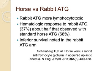 Horse vs Rabbit ATG 
 Rabbit ATG more lymphocytotoxic 
 Hematologic response to rabbit ATG 
(37%) about half that observed with 
standard horse ATG (68%), 
 Inferior survival noted in the rabbit 
ATG arm 
Scheinberg P,et al. Horse versus rabbit 
antithymocyte globulin in acquired aplastic 
anemia. N Engl J Med 2011;365(5):430-438. 
 
