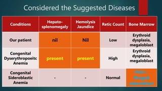 Considered the Suggested Diseases
Conditions
Hepato-
splenomegaly
Hemolysis
Jaundice
Retic Count Bone Marrow
Our patient nil Nil Low
Erythroid
dysplasia,
megaloblast
Congenital
Dyserythropoeitc
Anemia
present present High
Erythroid
dysplasia,
megaloblast
Congenital
Sideroblastic
Anemia
- - Normal
PAS+,
Ringed
sideroblast
 