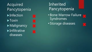 Acquired
Pancytopenia
Infection
Toxin
Malignancy
Infiltrative
diseases
Inherited
Pancytopenia
•Bone Marrow Failure
Syndromes
•Storage diseases
 