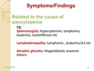 Symptoms/Findings
Related to the cause of
pancytopenia
eg:
Splenomegaly: Hypersplenism, lymphoma,
leukemia, myelofibrosis etc
Lymphadenopathy: Lymphoma , leukemia,SLE etc
Atrophic glossitis: Megaloblastic anaemia
Others
10/1/2018 14
 