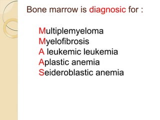 Bone marrow is diagnosic for :
Multiplemyeloma
Myelofibrosis
A leukemic leukemia
Aplastic anemia
Seideroblastic anemia
 