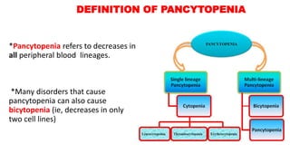 DEFINITION OF PANCYTOPENIA
*Pancytopenia refers to decreases in
all peripheral blood lineages.
*Many disorders that cause
pancytopenia can also cause
bicytopenia (ie, decreases in only
two cell lines)
 