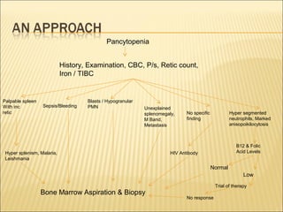 Pancytopenia
History, Examination, CBC, P/s, Retic count,
Iron / TIBC
Palpable spleen
With inc
retic
Sepsis/Bleeding
Blasts / Hypogranular
PMN Unexplained
splenomegaly,
M Band,
Metastasis
No specific
finding
Hyper segmented
neutrophils, Marked
anisopoikilocytosis
B12 & Folic
Acid LevelsHyper splenism, Malaria,
Leishmania
Bone Marrow Aspiration & Biopsy
HIV Antibody
Normal
Low
Trial of therapy
No response
 