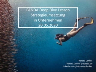 PANDA Deep Dive Lesson
Strategieumsetzung
in Unternehmen
20.05.2020
Theresa Lankes
Theresa.Lankes@posteo.de
linkedin.com/in/theresalankes
 