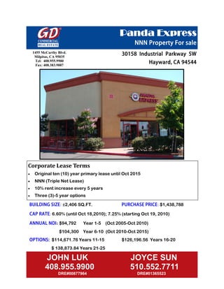 Panda Express
     1455 McCarthy Blvd.
      Milpitas, CA 95035
      Tel: 408.955.9900
      Fax: 408.383.9887




Corporate Lease Terms 
    Original ten (10) year primary lease until Oct 2015
    NNN (Triple Net Lease)
    10% rent increase every 5 years
    Three (3)-5 year options

                      : ±2,406 SQ.FT.                             : $1,438,788

              : 6.60% (until Oct 18,2010); 7.25% (starting Oct 19, 2010)

                  :   $94,792    Year 1-5 (Oct 2005-Oct 2010)
                      $104,300   Year 6-10 (Oct 2010-Oct 2015)
               $114,671.76 Years 11-15            $126,196.56 Years 16-20
               $ 138,873.84 Years 21-25

            JOHN LUK                                 JOYCE SUN
            408.955.9900                             510.552.7711
                      DRE#00877964                      DRE#01365523
 
