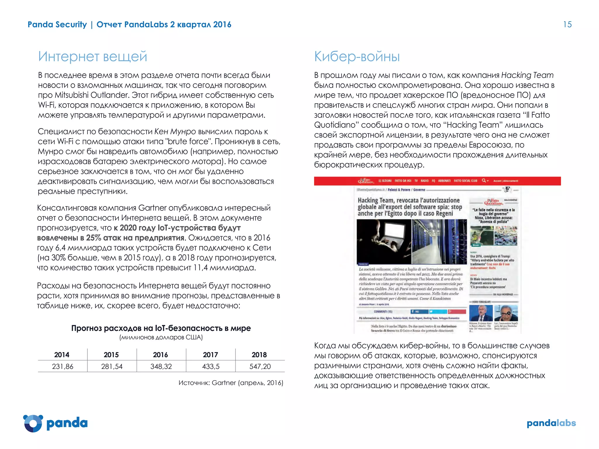 Panda Security | Отчет PandaLabs 2 квартал 2016 15
Интернет вещей
В последнее время в этом разделе отчета почти всегда были
новости о взломанных машинах, так что сегодня поговорим
про Mitsubishi Outlander. Этот гибрид имеет собственную сеть
Wi-Fi, которая подключается к приложению, в котором Вы
можете управлять температурой и другими параметрами.
Специалист по безопасности Кен Мунро вычислил пароль к
сети Wi-Fi с помощью атаки типа "brute force". Проникнув в сеть,
Мунро смог бы навредить автомобилю (например, полностью
израсходовав батарею электрического мотора). Но самое
серьезное заключается в том, что он мог бы удаленно
деактивировать сигнализацию, чем могли бы воспользоваться
реальные преступники.
Консалтинговая компания Gartner опубликовала интересный
отчет о безопасности Интернета вещей. В этом документе
прогнозируется, что к 2020 году IoT-устройства будут
вовлечены в 25% атак на предприятия. Ожидается, что в 2016
году 6,4 миллиарда таких устройств будет подключено к Сети
(на 30% больше, чем в 2015 году), а в 2018 году прогнозируется,
что количество таких устройств превысит 11,4 миллиарда.
Расходы на безопасность Интернета вещей будут постоянно
расти, хотя принимая во внимание прогнозы, представленные в
таблице ниже, их, скорее всего, будет недостаточно:
Прогноз расходов на IoT-безопасность в мире
(миллионов долларов США)
2014 2015 2016 2017 2018
231,86 281,54 348,32 433,5 547,20
Источник: Gartner (апрель, 2016)
	
В прошлом году мы писали о том, как компания Hacking Team
была полностью скомпрометирована. Она хорошо известна в
мире тем, что продает хакерское ПО (вредоносное ПО) для
правительств и спецслужб многих стран мира. Они попали в
заголовки новостей после того, как итальянская газета “Il Fatto
Quotidiano” сообщила о том, что “Hacking Team” лишилась
своей экспортной лицензии, в результате чего она не сможет
продавать свои программы за пределы Евросоюза, по
крайней мере, без необходимости прохождения длительных
бюрократических процедур.
Когда мы обсуждаем кибер-войны, то в большинстве случаев
мы говорим об атаках, которые, возможно, спонсируются
различными странами, хотя очень сложно найти факты,
доказывающие ответственность определенных должностных
лиц за организацию и проведение таких атак.
 