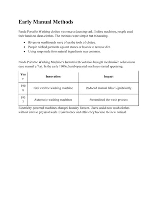 Early Manual Methods
Panda Portable Washing clothes was once a daunting task. Before machines, people used
their hands to clean clothes. The methods were simple but exhausting.
 Rivers or washboards were often the tools of choice.
 People rubbed garments against stones or boards to remove dirt.
 Using soap made from natural ingredients was common.
Panda Portable Washing Machine’s Industrial Revolution brought mechanized solutions to
ease manual effort. In the early 1900s, hand-operated machines started appearing.
Yea
r
Innovation Impact
190
8
First electric washing machine Reduced manual labor significantly
193
7
Automatic washing machines Streamlined the wash process
Electricity-powered machines changed laundry forever. Users could now wash clothes
without intense physical work. Convenience and efficiency became the new normal.
 
