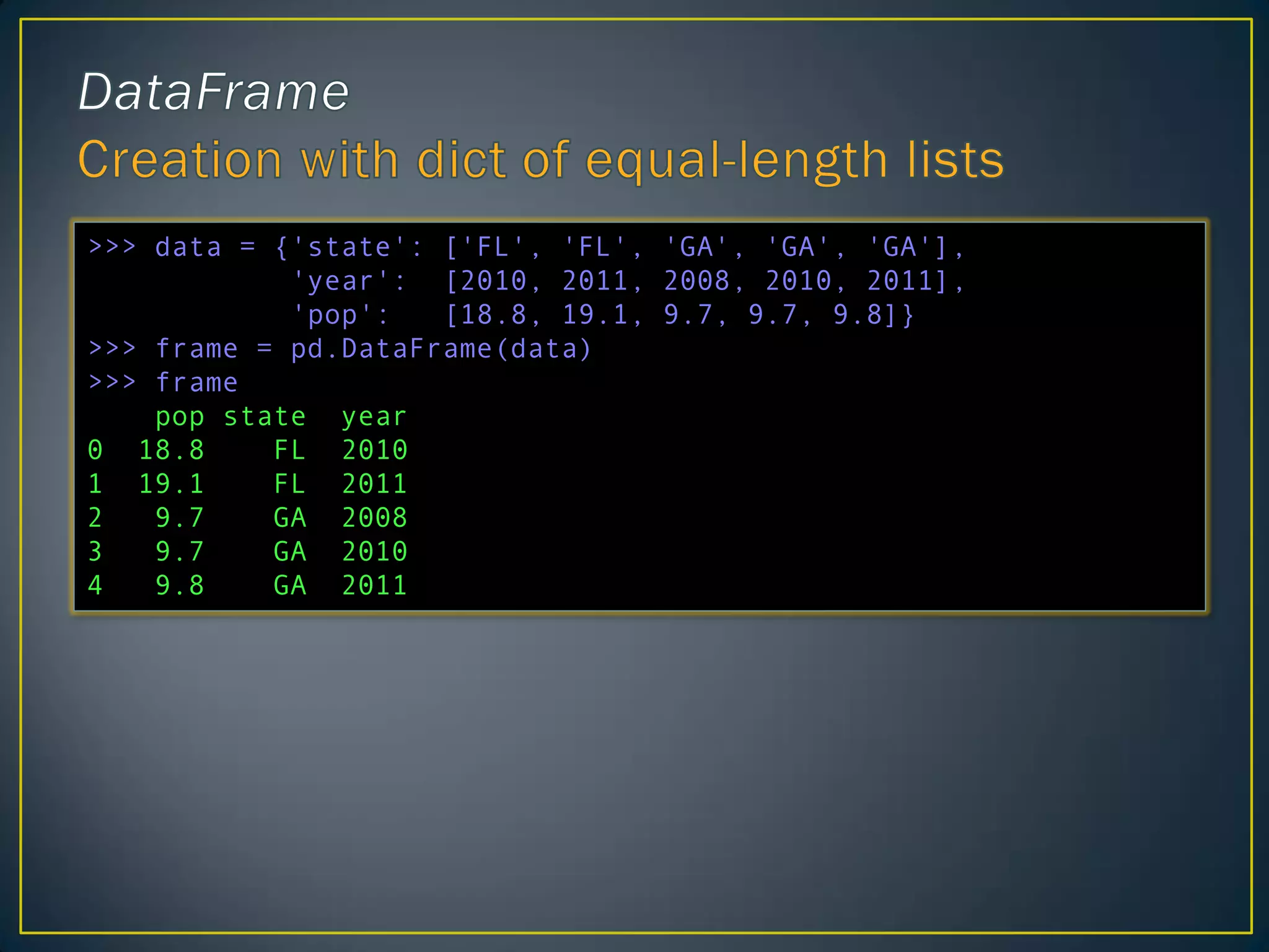 >>> data = {'state': ['FL', 'FL', 'GA', 'GA', 'GA'],
'year': [2010, 2011, 2008, 2010, 2011],
'pop': [18.8, 19.1, 9.7, 9.7, 9.8]}
>>> frame = pd.DataFrame(data)
>>> frame
pop state year
0 18.8 FL 2010
1 19.1 FL 2011
2 9.7 GA 2008
3 9.7 GA 2010
4 9.8 GA 2011
 